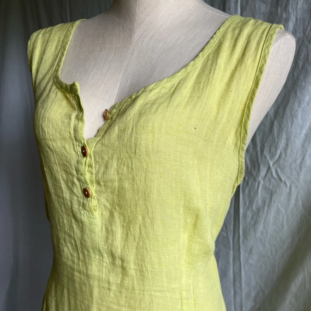 Flax Linen Lime Green Chartreuse Sleeveless Three Button Maxi Dress Size Large - Picture 5 of 16